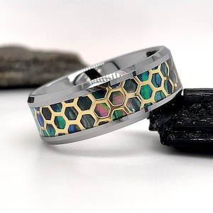 Tungsten Ring Abalone Honeycomb Insert, Abalone Center Ring, Tungsten Wedding Ring, Tungsten Band, Gold Honeycomb Ring, Abalone Ring, Ring