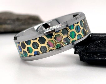 Tungsten Ring Abalone Honeycomb Insert, Abalone Center Ring, Tungsten Wedding Ring, Tungsten Band, Gold Honeycomb Ring, Abalone Ring, Ring