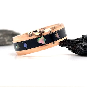 Rose Gold Abalone Shell Tungsten 8mm Ring, Rose Gold with Black Resin Abalone Shell Slice Ring, Pearl Inlay Black Ring Beveled Edge