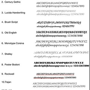 May include: A chart showing different font styles with the alphabet, numbers, and punctuation. The fonts include Times New Roman, Century Gothic, Lucida Handwriting, Brush Script, Old English, Monotype Corsiva, Shelley, Poster Bodoni, Rockwell, Trajan, and Vivaldi.