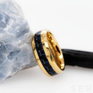 8mm Gold Blue Carbon Fiber Tungsten Ring Tungsten Wedding Ring Tungsten Wedding Band Anniversary Ring Tungsten Ring Carbon Ring