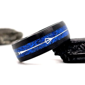Black Arrow Meteorite Tungsten Ring, Blue Meteorite Tungsten Band, Meteorite Wedding Ring, Tungsten Wedding Band, Black Wedding Ring