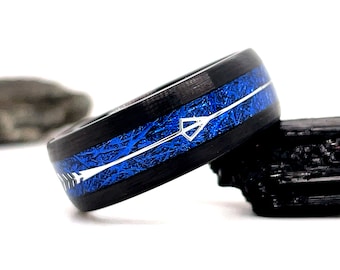 Black Arrow Meteorite Tungsten Ring, Blue Meteorite Tungsten Band, Meteorite Wedding Ring, Tungsten Wedding Band, Black Wedding Ring