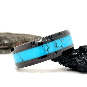Black Turquoise Tungsten Ring, 8mm Black Tungsten Ring, Turquoise Ring, Blue Turquoise Band, Wedding Ring, Tungsten Wedding Ring, Black Ring