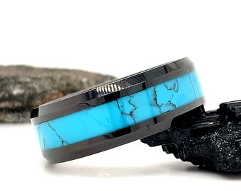 Black Turquoise Tungsten Ring, 8mm Black Tungsten Ring, Turquoise Ring, Blue Turquoise Band, Wedding Ring, Tungsten Wedding Ring, Black Ring