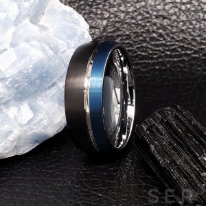 8mm Black Blue Silver Groove Tungsten Ring Tungsten Wedding Ring Tungsten Wedding Band Anniversary Ring Black Tungsten Ring Black Ring