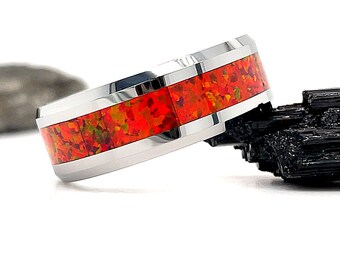Red Opal Tungsten Ring, 8mm Tungsten Ring, Tungsten Wedding Ring, Tungsten Opal Ring, Silver Tungsten Ring, Tungsten Ring, Red Opal Ring