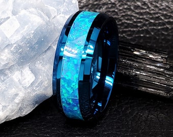 Blue Opal Tungsten Ring Tungsten Wedding Ring Blue Wedding Ring Tungsten Wedding Band Opal Wedding Band Opal Wedding Ring Blue Band