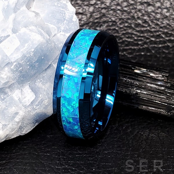 Blue Opal Tungsten Ring Tungsten Wedding Ring Blue Wedding Ring Tungsten Wedding Band Opal Wedding Band Opal Wedding Ring Blue Band