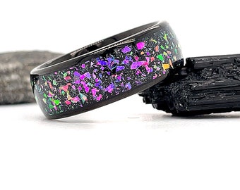 Black Crushed Opal & Abalone Tungsten Ring, 8mm Black Tungsten Ring, 8mm Tungsten Band, Opal Fragment Ring, Abalone Fragment Ring