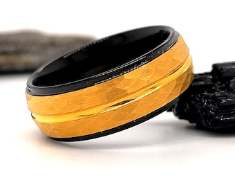 Black Yellow Gold Tungsten Ring, Hammered Center Tungsten Ring, Grooved Center Tungsten Ring, Tungsten Wedding Ring, Gold Wedding Band