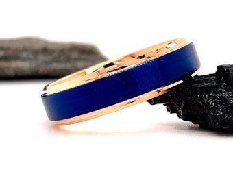Rose Gold Tungsten Ring Blue Center 6mm Tungsten Ring Rose Gold Blue Ring Tungsten Wedding Ring Rose Gold Wedding Band Tungsten Wedding Band