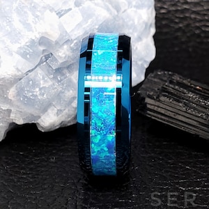 Blue Opal Tungsten Ring Tungsten Wedding Ring Blue Wedding Ring Tungsten Wedding Band Opal Wedding Band Opal Wedding Ring Blue Band