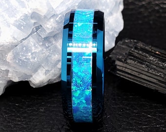 Blue Opal Tungsten Ring Tungsten Wedding Ring Blue Wedding Ring Tungsten Wedding Band Opal Wedding Band Opal Wedding Ring Blue Band