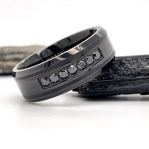 Black Polished Diamond Tungsten Ring 8mm, Black Diamond Wedding Band, Beveled Edge Ring, Black Simulated Diamond Band