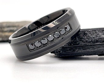 Black Polished Diamond Tungsten Ring 8mm, Black Diamond Wedding Band, Beveled Edge Ring, Black Simulated Diamond Band