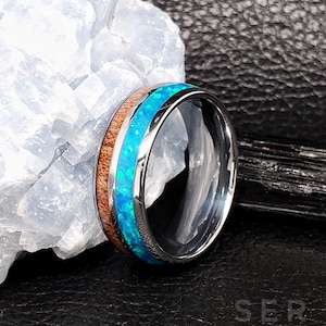 Wood Opal Tungsten Ring Wood Wedding Ring Opal Wedding Ring Tungsten Wedding Band Wood Opal Wedding Band Wood Wedding Band
