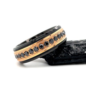 Black & Rose Gold Tungsten Band, Black Diamond Eternity Band, 8mm  Rose Gold Tungsten Eternity
