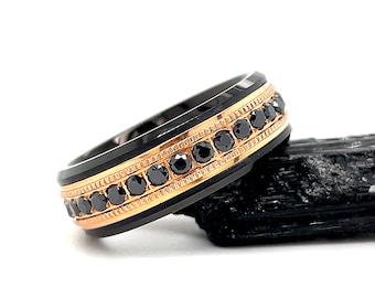 Black & Rose Gold Tungsten Band, Black Diamond Eternity Band, 8mm  Rose Gold Tungsten Eternity