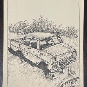 Illustrazione di un'auto d'epoca! Arte in bianco e nero. Illustrazione originale a penna e inchiostro.