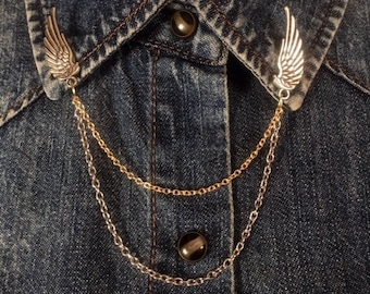 Silver bird wings with silver and gold chain collar clip