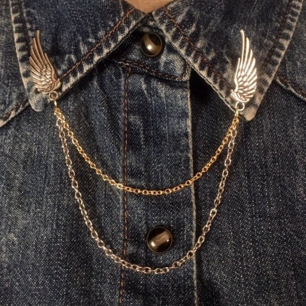 Silver bird wings with silver and gold chain collar clip