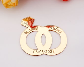 30pcs Double Rings Name Mirror Custom Alliance Acrylic Sticker Personalized Wedding Bride Favors Gifts with Diamond Decor Wedding Souvenirs