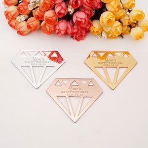 20pcs / lotto 6.5cm altezza personalizzata a forma di diamante svuotare il tag di taglio specchio acrilico per decorazione regalo di compleanno e festa di nozze