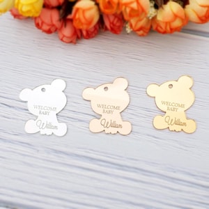 20 pçs/lote 5x4,5 cm Espelho Acrílico Personalizado Lindo Urso Etiquetas de Presente Personalizadas Nome do Bebê Corte a Laser Cartão de Assento Batismo/Casamento Decoração de Presente