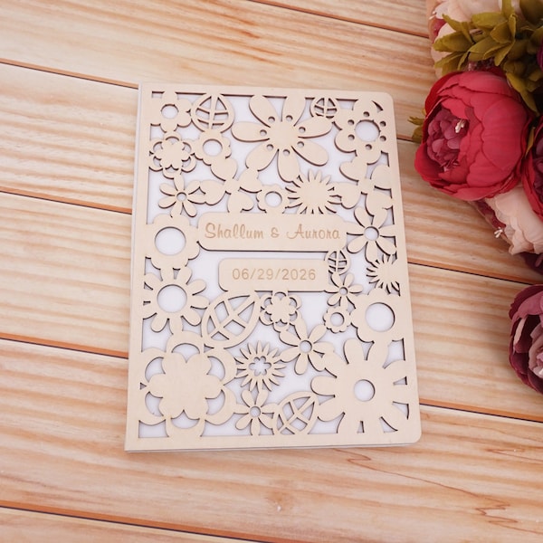 25x18cm Personalized Marriage Guestbook Custom Flowers Style Wooden Hollow Out Guest Book Wedding Favors Gifts