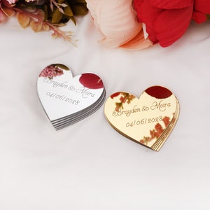 20 stks aangepaste 6 cm spiegel bruiloft kleine hart tags laser gesneden gepersonaliseerde naam acryl sticker party decor bruids gunsten geschenken
