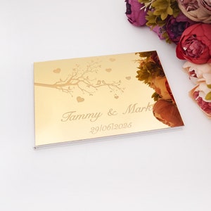 25x18cm Horizontal Style Personalized Acrylic Mirror Heart Tree Design Cover Wedding Signature Guestbook Custom Check in Book