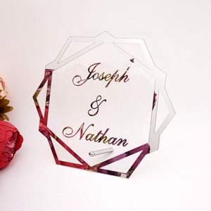 Personalizzato acrilico specchio cornice matrimonio coppia nome Babyshower Word Sign Esagon Forma Party Decor con cornice in piedi per unghie
