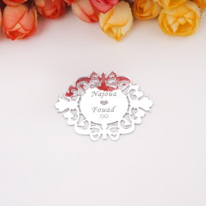 20pcs/Lot 5x4cm spiegel acryl sticker aangepaste paar naam met infinity symbool gepersonaliseerde partij decor gunsten uitnodiging kaart
