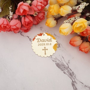 30pcs 8cm gepersonaliseerde idee Babyshower Decor Tags Acryl Spiegel Wedding Favor Small Round Invitation Card Party Guest Gift