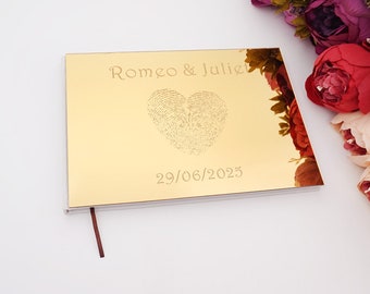 Style horizontal Personnalisé Acrylique Miroir Couverture Mariage Signature Livre d’Or Empreinte Digitale Coeur Design Custom Check in Book