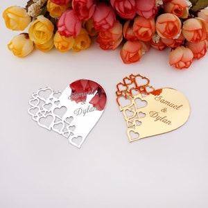 30 pezzi Personalizzato 6 * 6.5cm Mirror Heart Adesivi Decorazione matrimonio Favorisce acrilico per personalizzato amante nome fidanzamento party favori