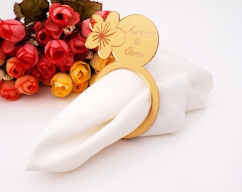 20pcs Personalized Wedding Flower Napkin Rings Acrylic Mirror Engraved Name Custom Place Holder Banquet Dinner Party Favors