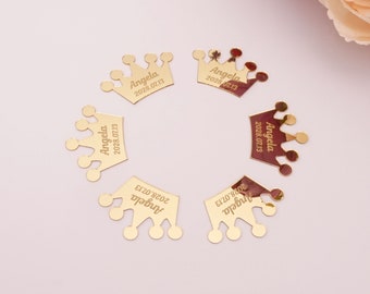30pcs Custom Small Mirror Crown Personalized Acrylic Birthday Name Tags Invitation Card Wedding Party Decor Guest Gift 3cm 4cm 5cm