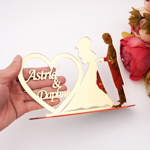 Soporte de mesa de compromiso personalizado decoración con marco de corazón nombres personalizados espejo acrílico boda cumpleaños fiesta favores regalos