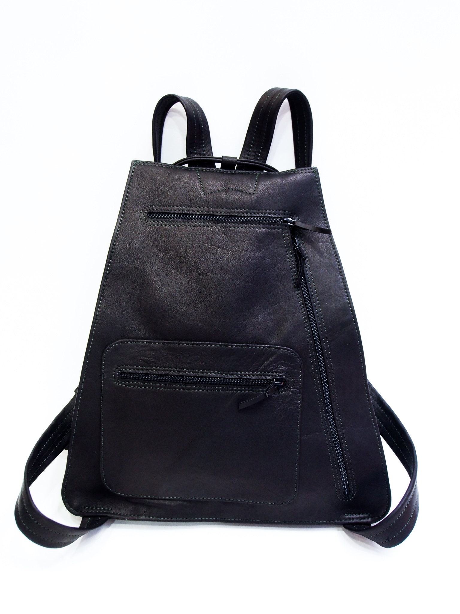 Black genuine leather backpack, antitheft