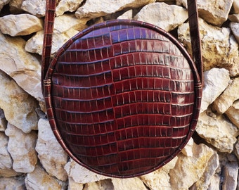 Shoulder tambourine bag, brown crocodile print calfskin