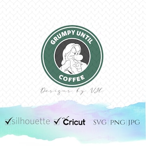 May include: A green and white coffee mug with a cartoon image of a grumpy dwarf and the text "Grumpy Until Coffee".