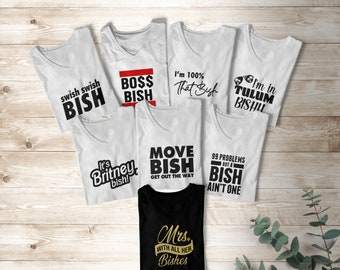 Chemises d'enterrement de vie de jeune fille, t-shirts de groupe nuptiale à thème Bish