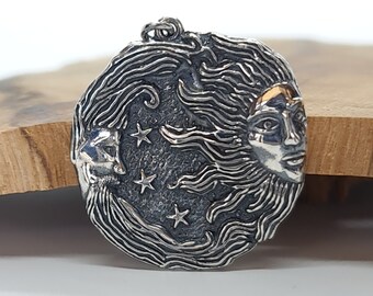 Silber Sonne und Mond Halskette | Die Liebe zu Sonne und Mond, weiblicher und männlicher Wiedervereinigungsanhänger, Unisex alter Sonne und Mondschmuck