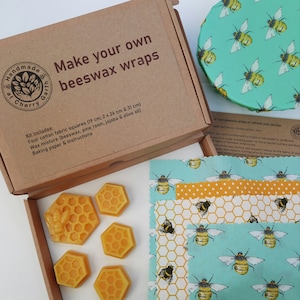 DIY beeswax wrap kit - make your own set of 3 or 4 reusable beeswax wraps (bees, flowers, cats and more designs)