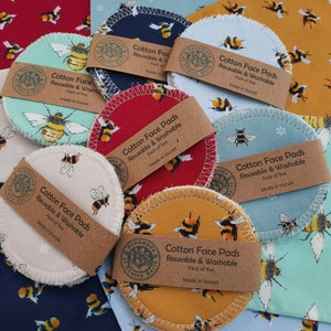 Reusable cotton face pads / little wash bag / make up remover pad / face wipes / bees / 5, 7, 10 or 14 pads pack image 1