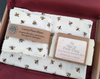 Skin care gift set with organic bamboo & cotton face wipes + unscented oat oil and pink clay face soap / optional gift/wash bag - bee design