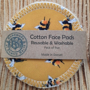 Reusable cotton face pads / little wash bag / make up remover pad / face wipes / bees / 5, 7, 10 or 14 pads pack Yellow bee