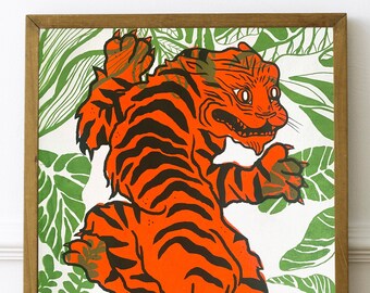Serigrafía decoración tigre koreano japón tatuaje selva hecho a mano, 3 colores, edición limitada.